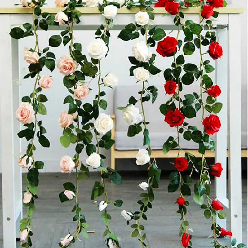 2m Umetne Svile Rose Cvet Ivy Trte, Zeleno Listje Niz za Dom Poročno Dekoracijo Ponaredek rastline listi Visi garland
