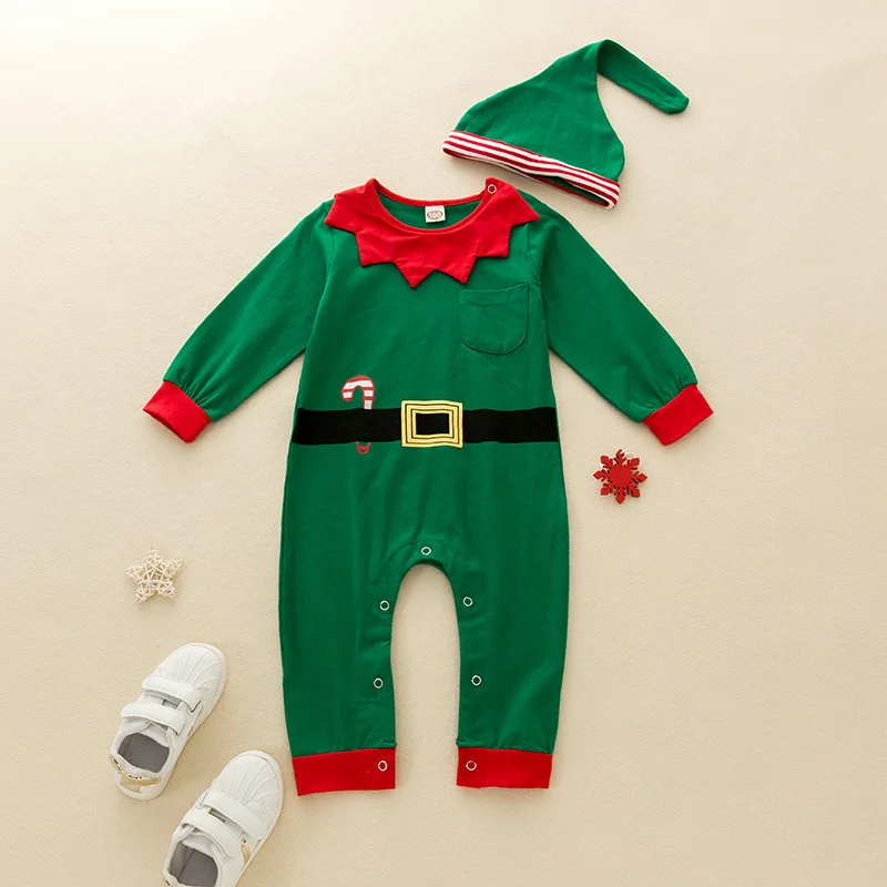 2Pcs Newborn Baby Elf Kostum Dolgimi Rokavi Jumpsuit s Klobuk 2 Kosa Božič Obleko gor Obleko Bombaž Baby Boy igralne obleke