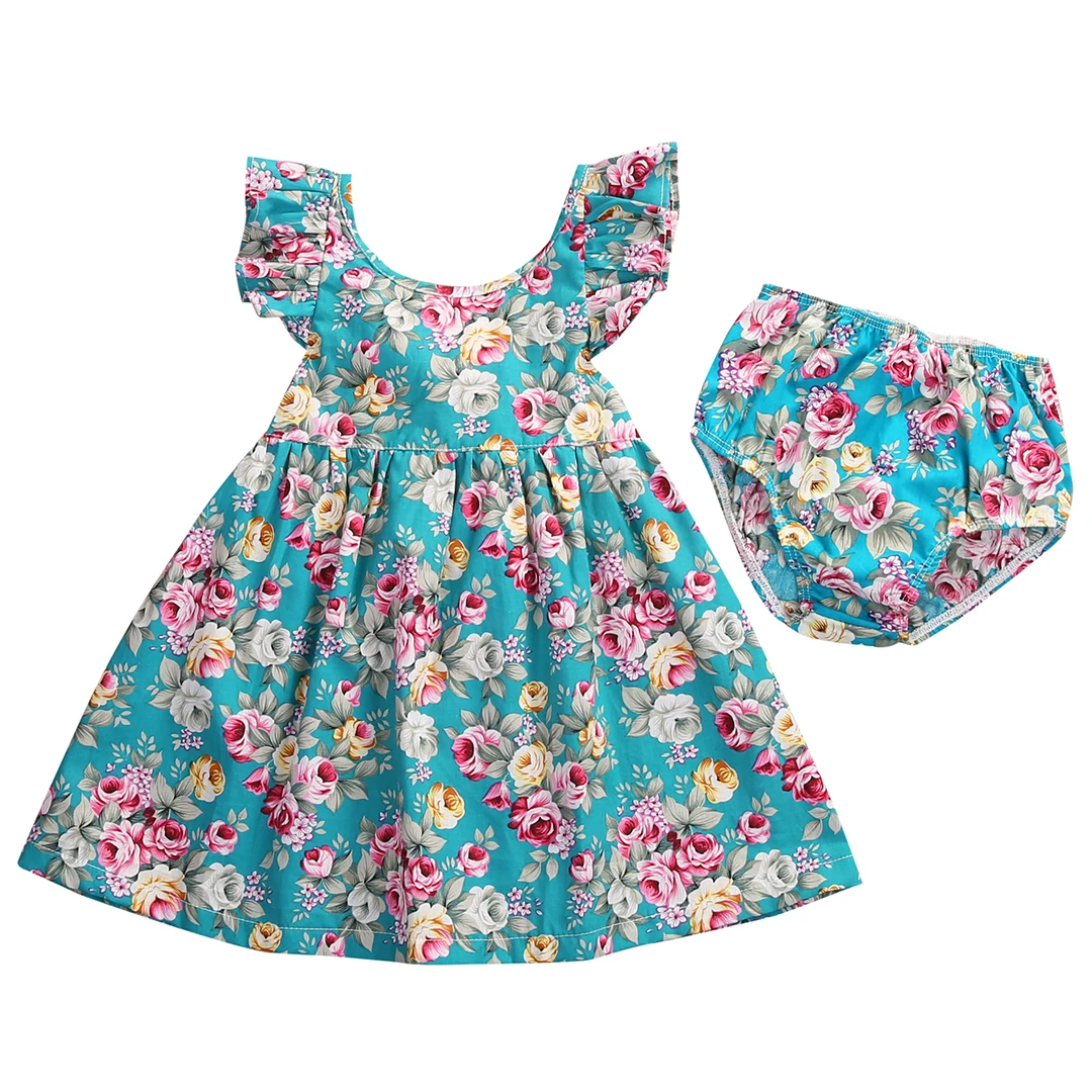 2PCS Otrok Oblačila Sklop Newborn Baby Girl Obleke 2017 Poletni Cvetlični Ruffle Obleko Sundress Obleke, spodnjice brez Hlačnic