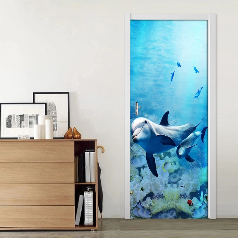 2Pcs/Set Modra morsko dno Dolphin 3D Steno, Vrata, Nalepke, samolepilne Nepremočljiva Ozadje Decals Doma Dekor Vrata, Stenske Nalepke, Nalepke