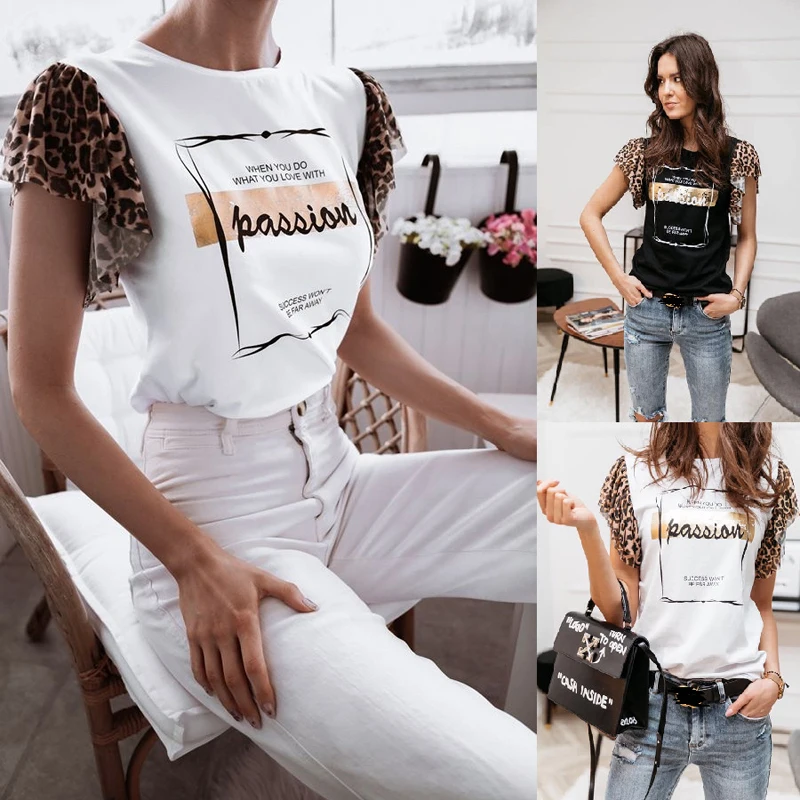 2XL Letnik Leopard Mozaik Kratek Rokav Bluzo 2020 Poletje Pismo Tiskanje O Vratu Ženske Majice Ulične Moda Vrhovi Feminino