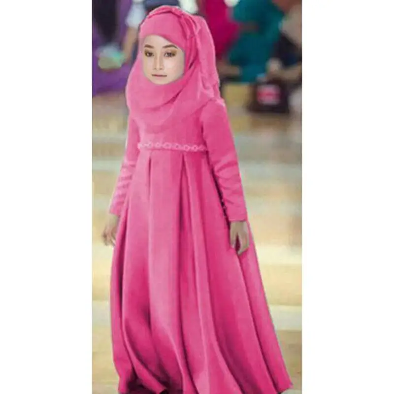 3 Kos, Pa Muslimanskih Otrok Dekleta Hidžab+Lok+Obleko Islamske Arabski Abaya Otroci Ramadana Dolg Rokav Bližnjem Vzhodu Maxi Obleke Tam Kaftan Oblačila