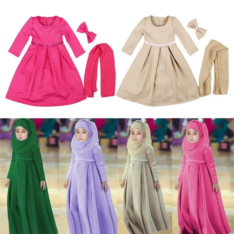 3 Kos, Pa Muslimanskih Otrok Dekleta Hidžab+Lok+Obleko Islamske Arabski Abaya Otroci Ramadana Dolg Rokav Bližnjem Vzhodu Maxi Obleke Tam Kaftan Oblačila