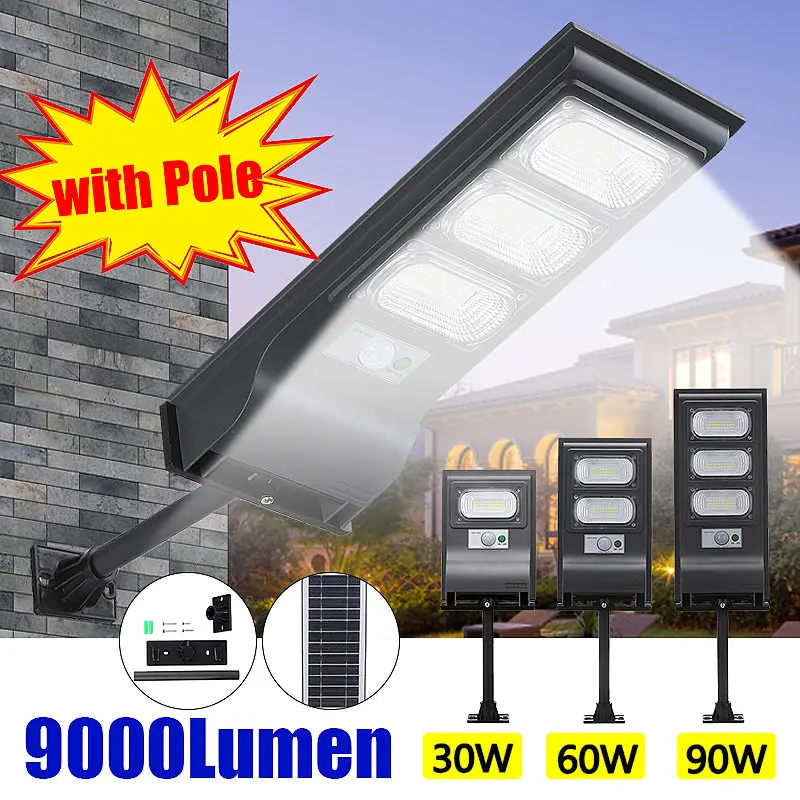 30W/60 W/90W LED Solarna Svetilka s palico Street Light Zunanji Steni Razsvetljavo Solar Powered Radar Gibanja za Nadzor Svetlobe za Vrt, Dvorišče