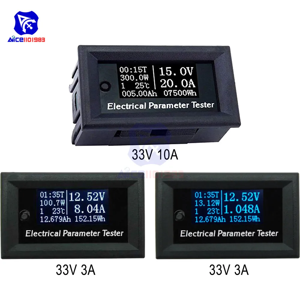 33V 3A 33V/100V 10A OLED 7 v 1 Multimeter Tester Napetosti tok Watt Čas, Temperatura, Kapaciteta Baterije Merilnik Detektor w/ Žice