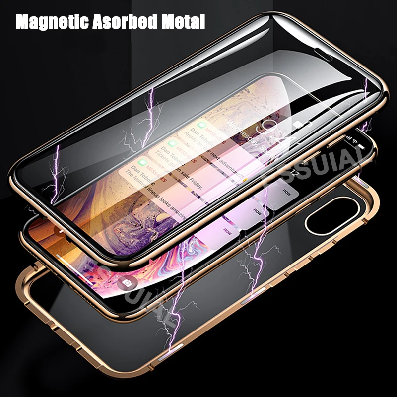 360 Full Metal Magnetno Ohišje Za iPhone 11 Pro XS Max X XR 6 7 8 Plus Dvostranski Kaljeno Steklo Magnet Adsorpcije Telefon Kritje