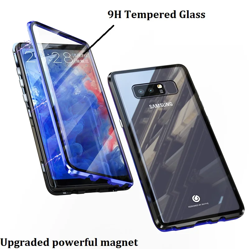 360 Popolno Zaščito Magnetni Adsorpcije Luksuzni Ohišje Za Samsung Galaxy Note8 Sprednji pokrov kaljeno steklo Filp coque Magnet Funda