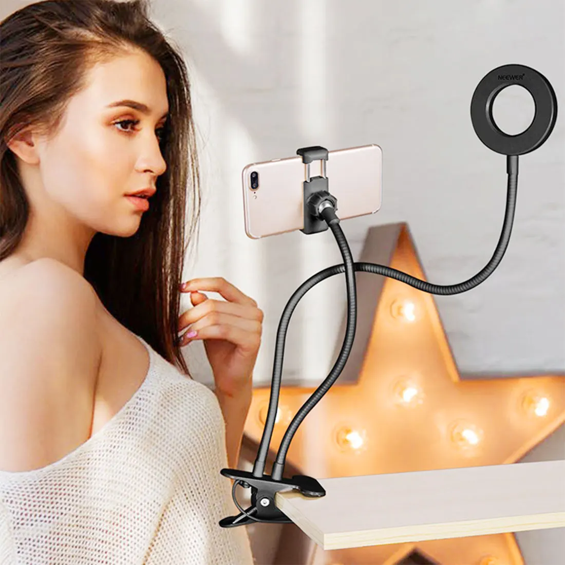 360-Stopinjski Prilagoditev LED Selfie Obroč Svetlobe Z Mobilni Telefon Imetnik Prilagodljiv Zatemniti Make Up Lučka Desk namizne Svetilke Foto Studio