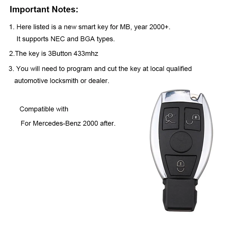 3Button Smart Remote Key brez ključa Fob 433Mhz Za Za Mercedes Benz A E S G CLK SLK leto 2000+ BGA slog NEC Čip Originalni ključ