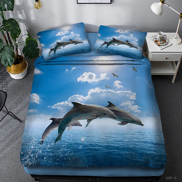 3D Dolphin Kraljica SizeKid je Posteljnina Nabor Igrivih Delfinov Pod Nočno Nebo Tiskana v Modri Rjuhe Kritje Nastavite Dolphin Pollow Prevara