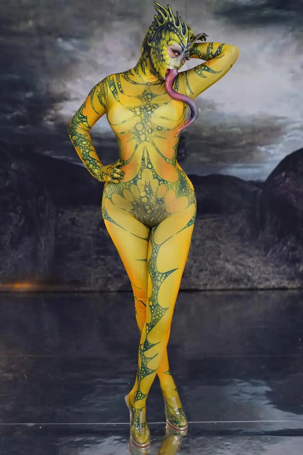 3D Kuščar Vzorec Stretch Prikriti Jumpsuit Ženske Živali Cosplay Kostum Halloween Stranka Vlogo Uspešnosti Obleko Bar Fazi Obrabe