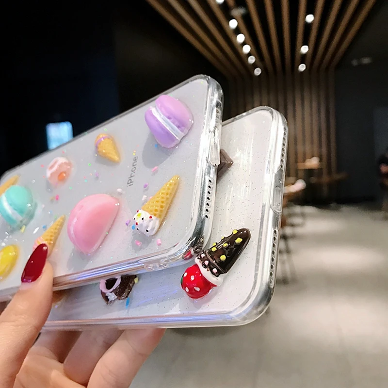3D lindo claro macarrones, tarta de helado par iPhone X XR XS MAX 7 8 6Plus encantadora transparente de silicona suave brillo