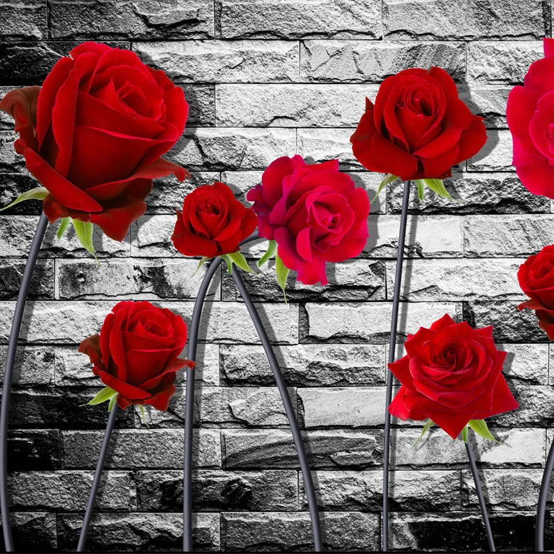 3D Ozadje po Meri, Romantični Sveže Rdeče Rose Vintage Photo 3D Opeke Zidana Stena Papir, Dnevna Soba, Spalnica Ozadju Stene Pokrivna