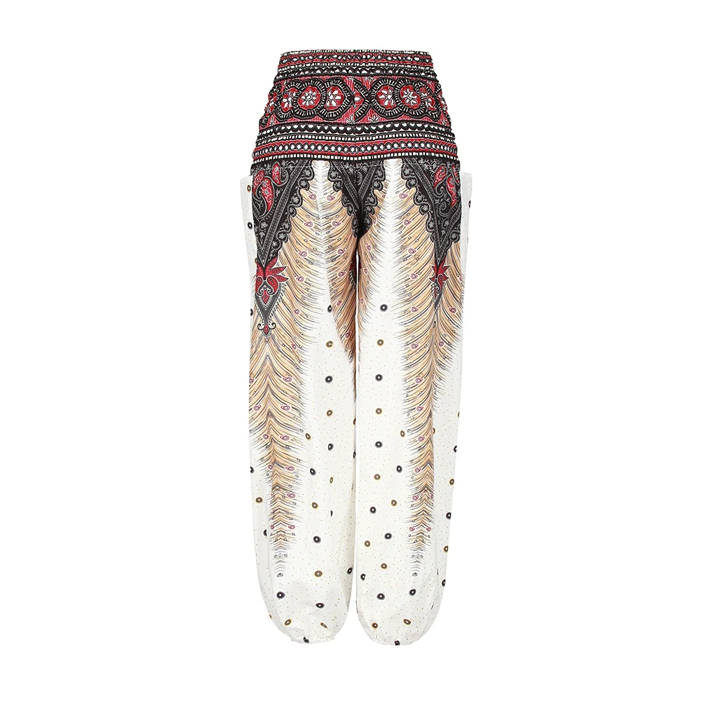 3D Tiskanih Bele hlače Priložnostno Etnične slog Širok noge hlače Tajska Yuga Hlače Širok Pas Pantalon Femme Poliester Bloomers