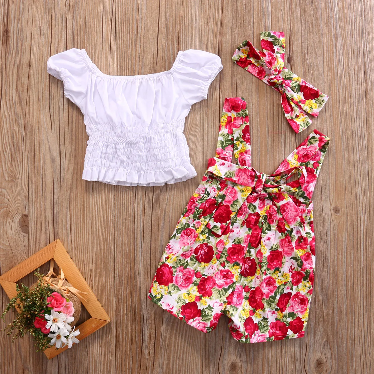 3Pcs baby Grils Rojstni dan oblačila, ki Malčke Baby Dekle z ramo vrhovi+Cvetlični Hlače+glavo, Obleko set Oblačila
