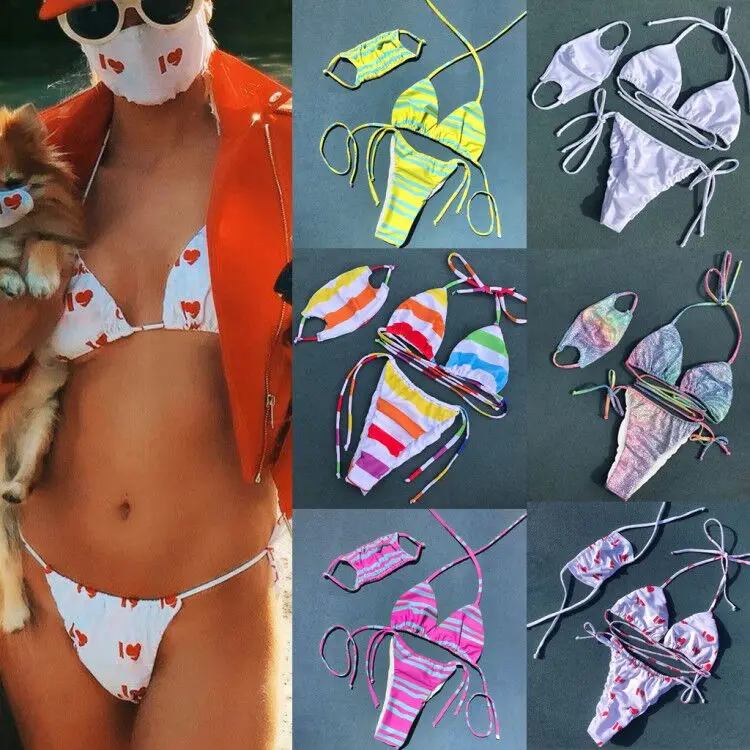 3Pcs Ženska Seksi Print Bikini Komplet Proge Modrc Trikotnik Tangice Obleko, Plavanje Obleko