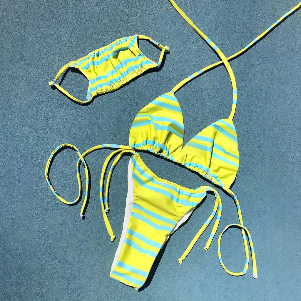 3Pcs Ženska Seksi Print Bikini Komplet Proge Modrc Trikotnik Tangice Obleko, Plavanje Obleko