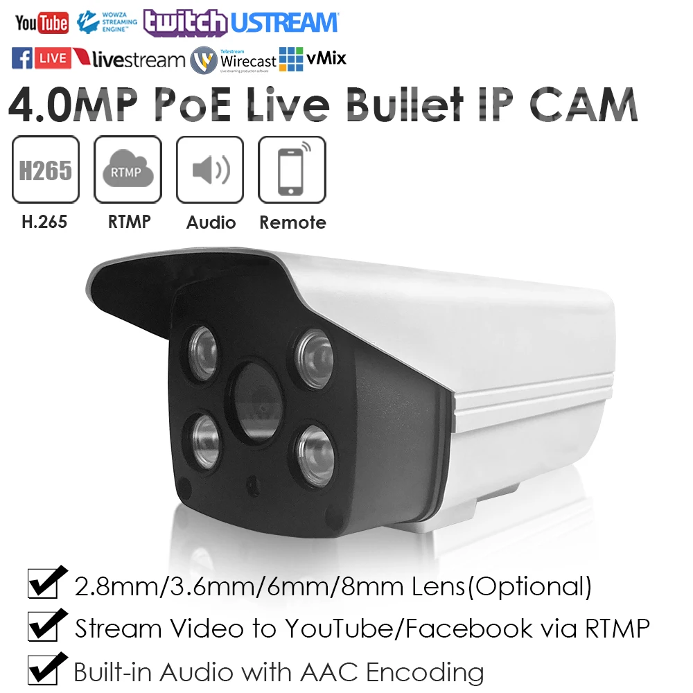 4.0 MP IR PoE Nočni Plastičnih Nepremočljiva Živo IP Kamero Pritisni in Live Video na YouTube/Facebook za RTMP W/Audio