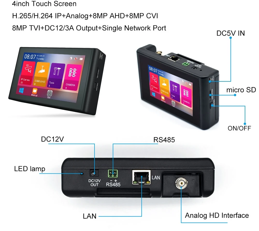 4 Palčni H. 265 4K HD IP CCTV Tester Monitor AHD CVBS CVI TVI Fotoaparat Tester 8MP 5MP UTP Tester WIFI ONVIF POE 48V 12V Iz
