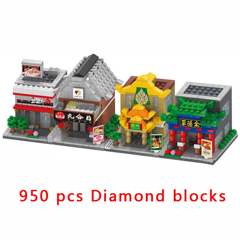 4 v 1 Mestna Serije Diamond Blocks Mini Trgovina Trgovina Nastavite Hrano Ulica Hiši Model Stavbe Otrok Dekle Igrača
