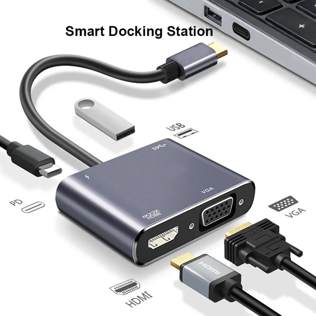 4-v-1 priključek za Razširitveno Postajo Tip-C HDMI+VGA+USB3.0+PD Večnamensko Split Skladu Card Reader Hub Plug And Play