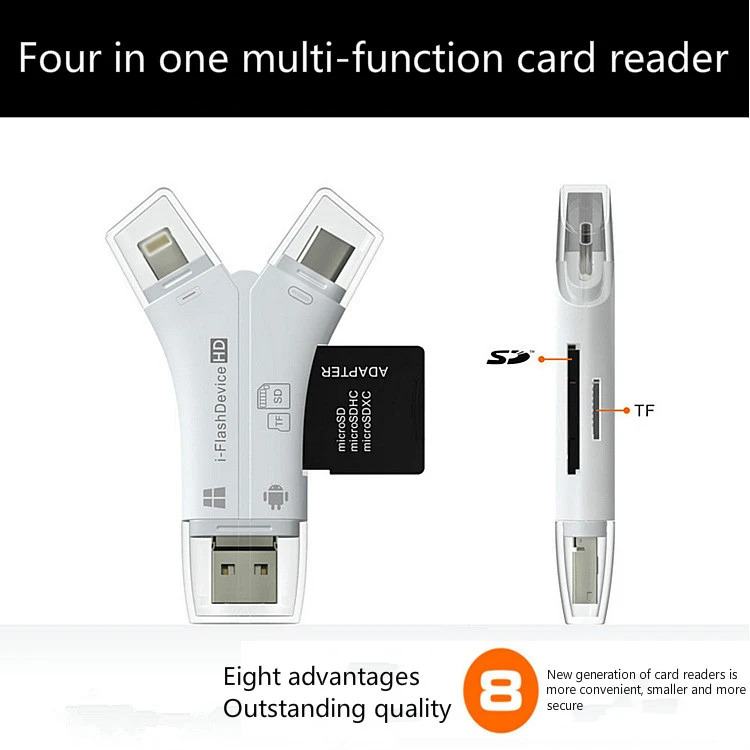 4 v 1, USB, Micro SD TF Card Reader Adapter za iPhone, Android za iPad, Macbook Android Fotoaparat High-speed Card Reader