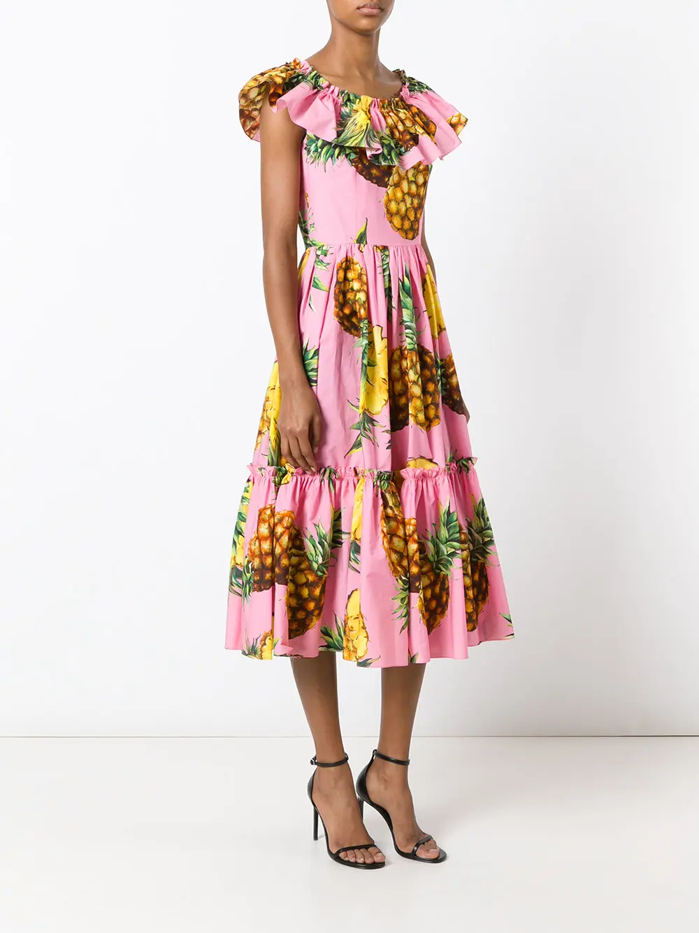 40 - poletje ženske ananas tiskanja ruffle čoln vratu midi zamahu obleko v pink plus velikost vestidos bombažno haljo vintage obleke