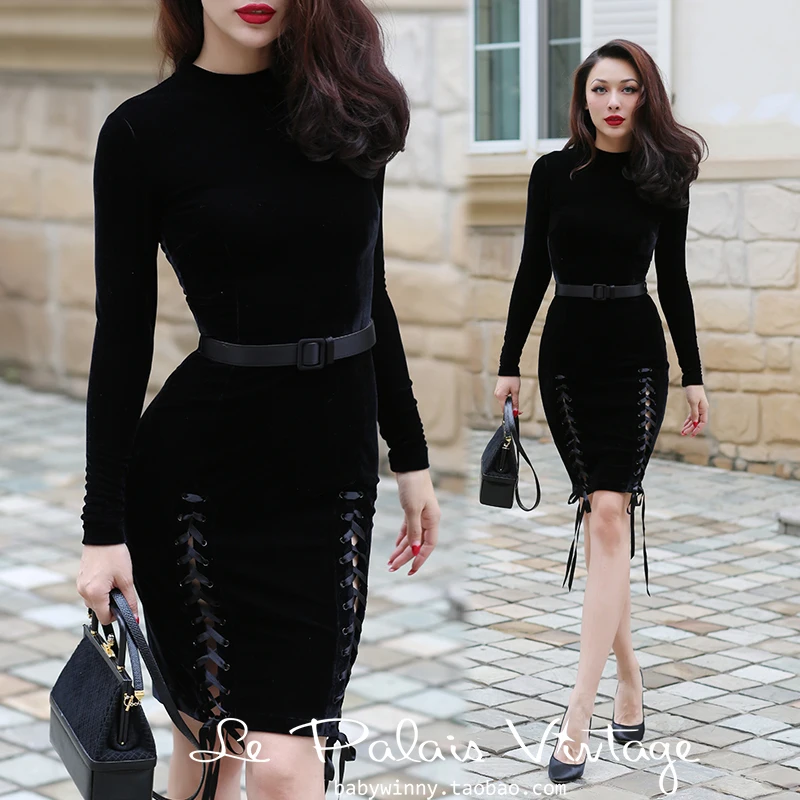 40 - ženske letnik žamet dolg rokav strani razrezani trak s svinčnikom obleko v črni ženske pinup plus velikost vestidos jurken