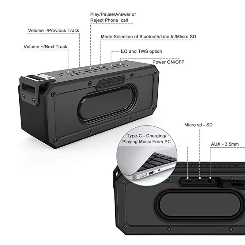 40W Bluetooth zvočnik IP7X razred nepremočljiva prenosni zvočni stolpec brezžični globokotonec sound bar podpira FM radio, USB TF boom box