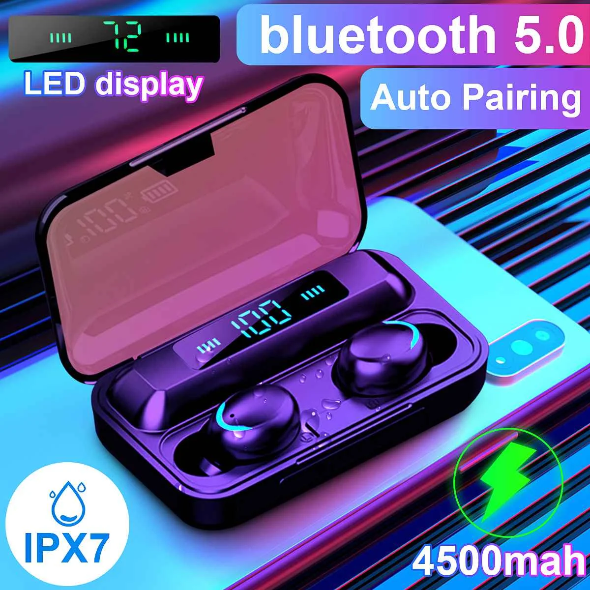 4500mAh Dotaknite se možnosti Brezžično bluetooth Slušalke F9-9 Stereo Slušalke Nepremočljiva IPX7 LED Zaslon Slušalke Slušalka s Polnjenjem Primeru