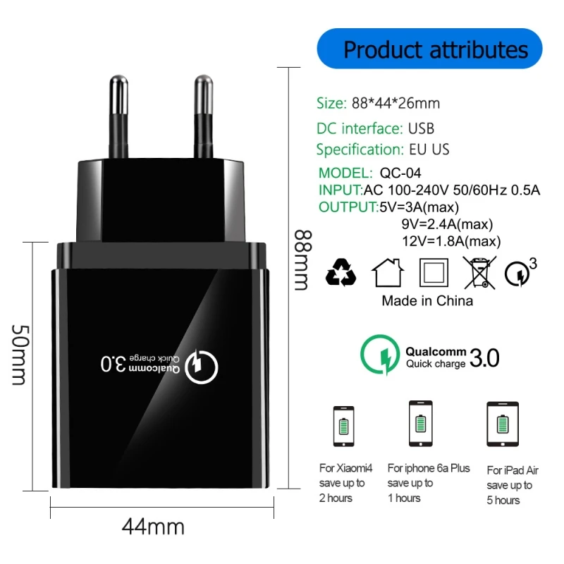 48W Hitri Polnilnik 3.0 USB Polnilec za Samsung A50 iPhone 7 8 X Huawei P20 Tablet QC 3.0 Hitro Polnilnik NAS EU UK Plug Adapte