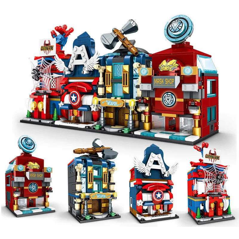 4pcs/nastavi Mickey Minnie Shop, Trgovina Princess Street Spiderman Captain America marvel gradniki Določa Opeke Otroci Kompleti Film