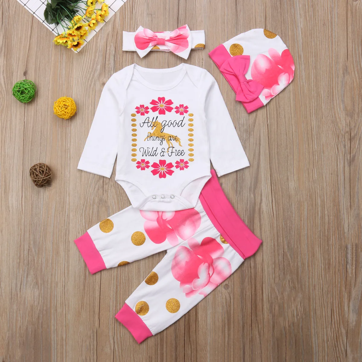 4PCS Newborn Baby Dekleta Cvetlični Oblačila Jumpsuit Romper Obleka, Hlače, Obleke, UK