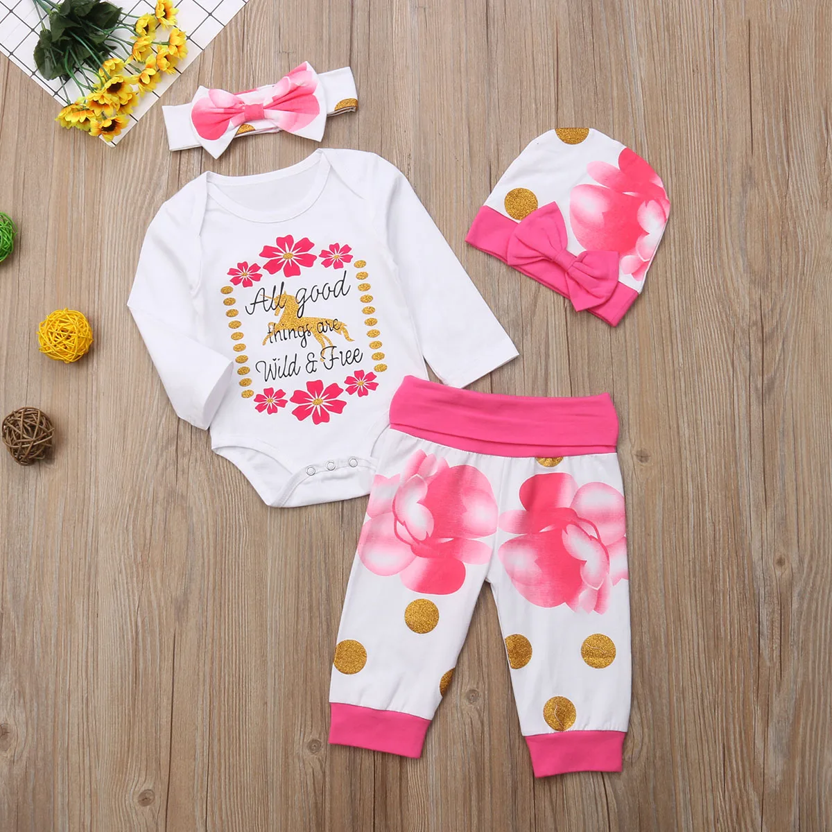 4PCS Newborn Baby Dekleta Cvetlični Oblačila Jumpsuit Romper Obleka, Hlače, Obleke, UK