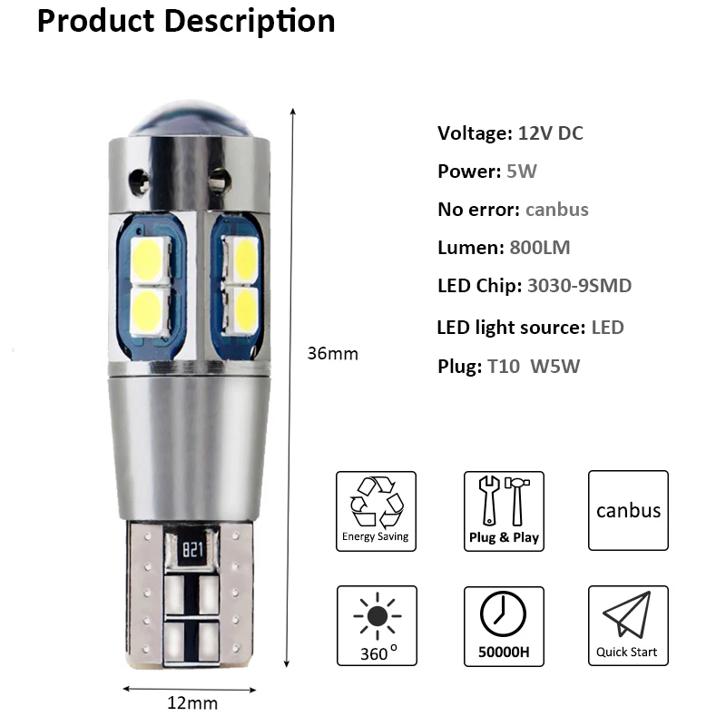 4pcs T10 LED Žarnice Branje, Luč registrske Tablice Klin Strani Avto Notranje zadeve 6000K W5w Canbus Brezplačno Napaka