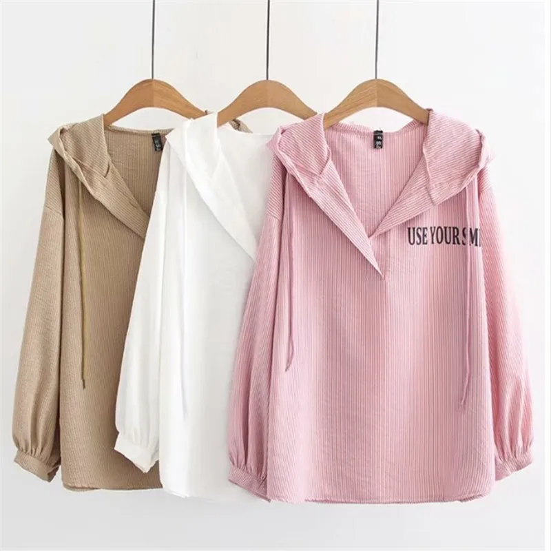 4XL Plus velikost bluze svoboden šifon cambric prugasta hoodie za jesen 2019 ženska plašč beli rokavi ženske