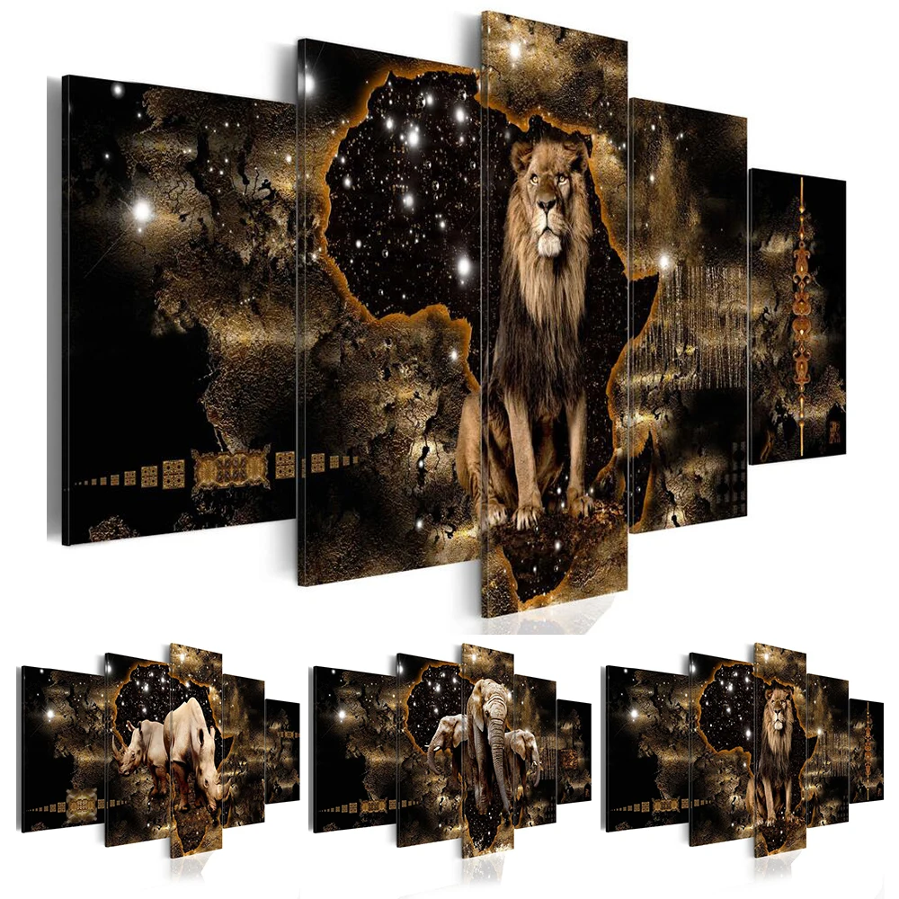 5 Kos Moda Wall Art Platno Slikarstvo Povzetek Zlati Teksturo Živali Lev, Slon, Nosorog Sodobno Dekoracijo Doma Brez Okvirja