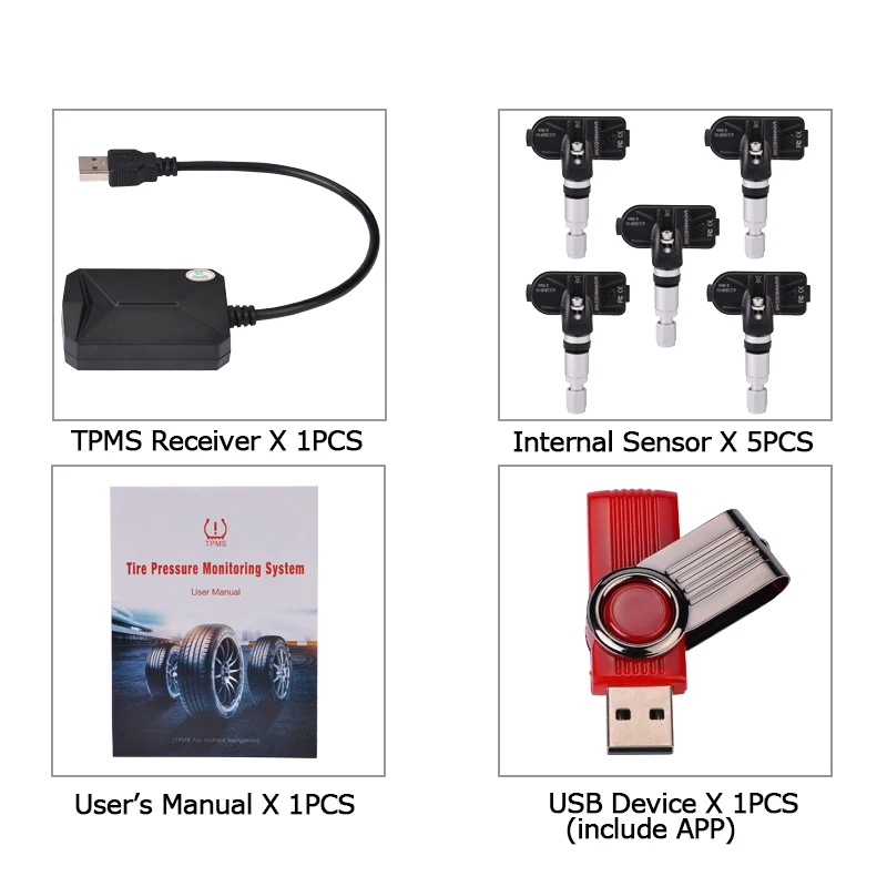 5 KOS Senzor USB Android TPMS tlaka v pnevmatikah monitor/Android navigacijske nadzor tlaka v pnevmatikah alarmni sistem za podporo Rezervna pnevmatika