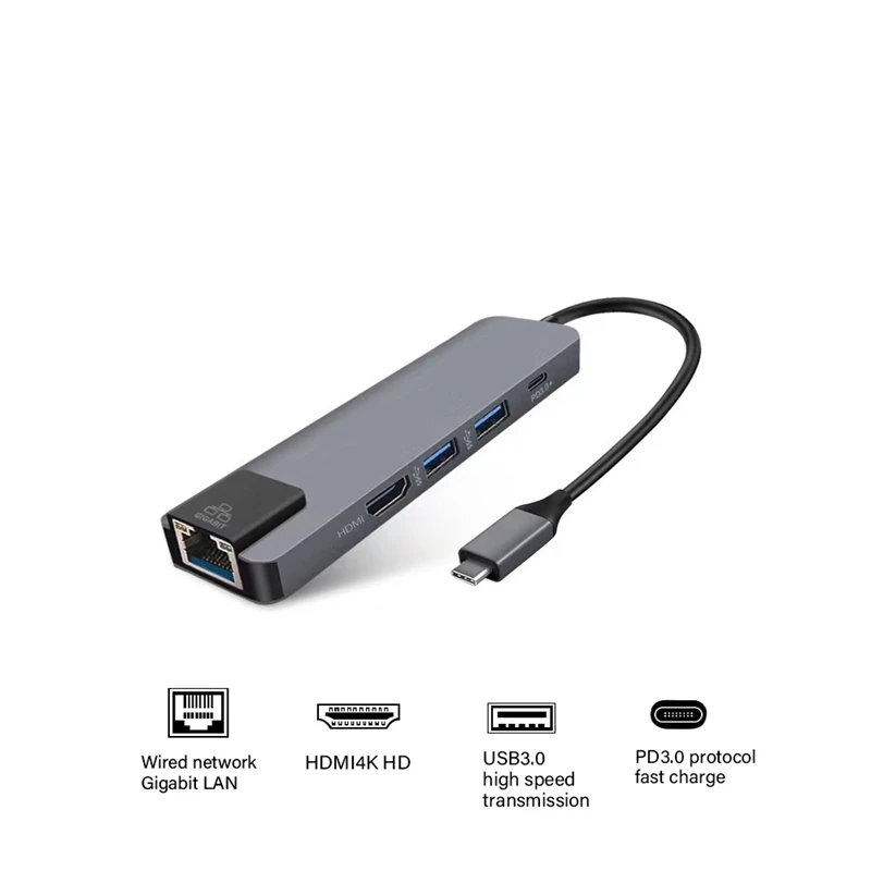 5 v 1 USB Tip C Hub Hdmi 4K USB C Hub, da Gigabit Ethernet Rj45 Lan vmesnik za Macbook Pro Strele 3 USB-C Polnilnik Vrata