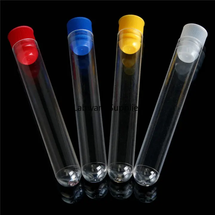 50/100 kozarcev Dolžina 60 mm do 150 mm Jasno, Plastične Epruvete s plastično modra/rdeča zamaškom, potisnite pokrovček za poskuse