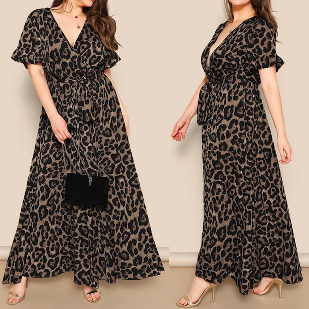 5XL Plus Velikost Obleka Ženske 2020 Moda Poletje V Vratu Kratek Rokav Leopard Tiskanja Priložnostne Obleko Obavijen Maxi Dolge Obleke