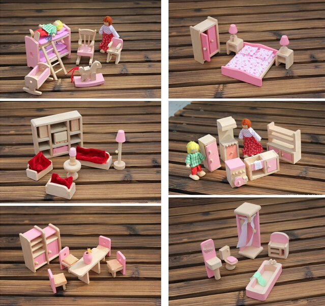 6 nastavi slog Smešno Otroci Pretvarjajo Vlogo, Lesene Igrače, Lutke Vrtec Soba jedilnica dnevna romm Miniaturnega Pohištva