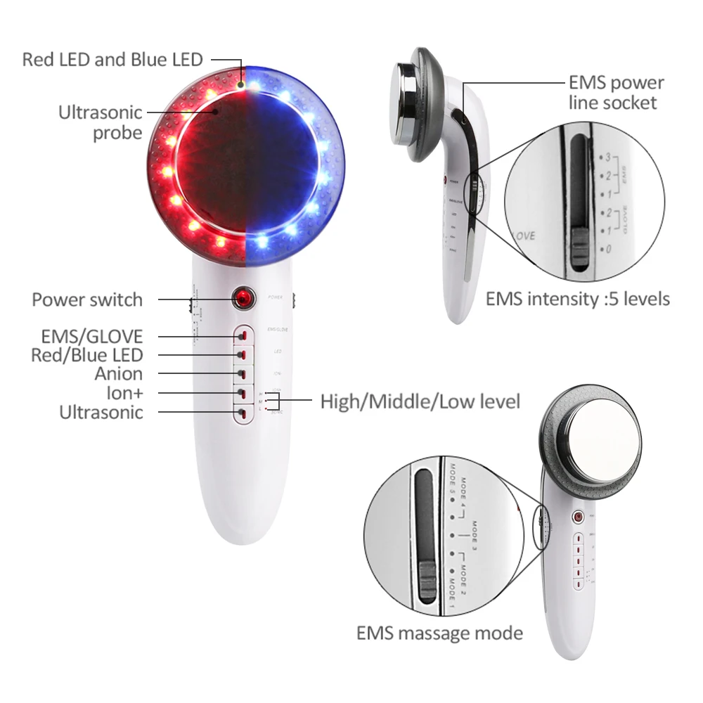 6 V 1 EMS Ultrazvočno LED Kavitacija Galvanski Ultrazvok Telesa Grelni Infrardeči Težo Izgubili Terapija Massager Nego Obraza Stroj