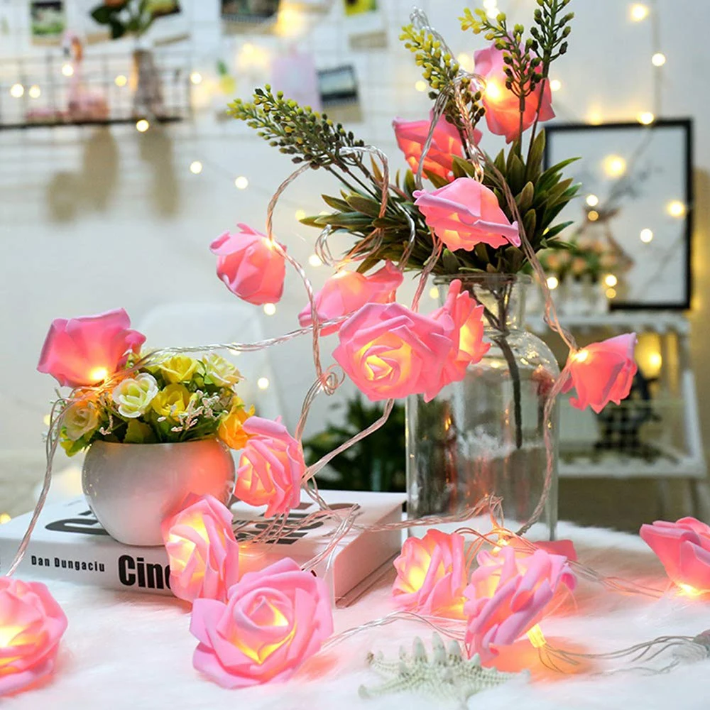 6M 40LED Pink Rose Cvet LED Pravljice Luči Počitnice Niz Luči Baterija Upravlja Valentinovo Poročno zabavo, Božični Okraski
