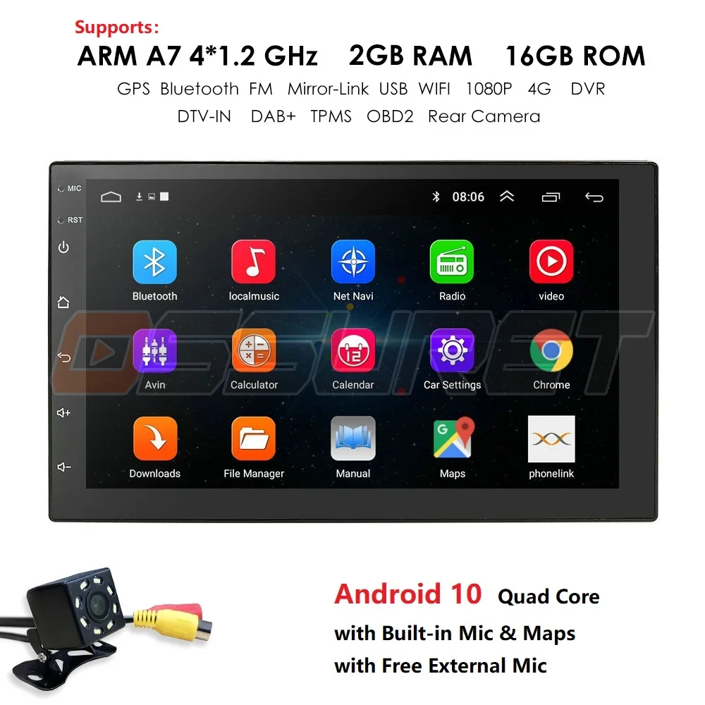 7 INCH Android 10 GPS Navigacija Autoradio Večpredstavnostna ŠT DVD Predvajalnik, Bluetooth, WIFI MirrorLink OBD2 Univerzalno 2Din avtoradio Mic