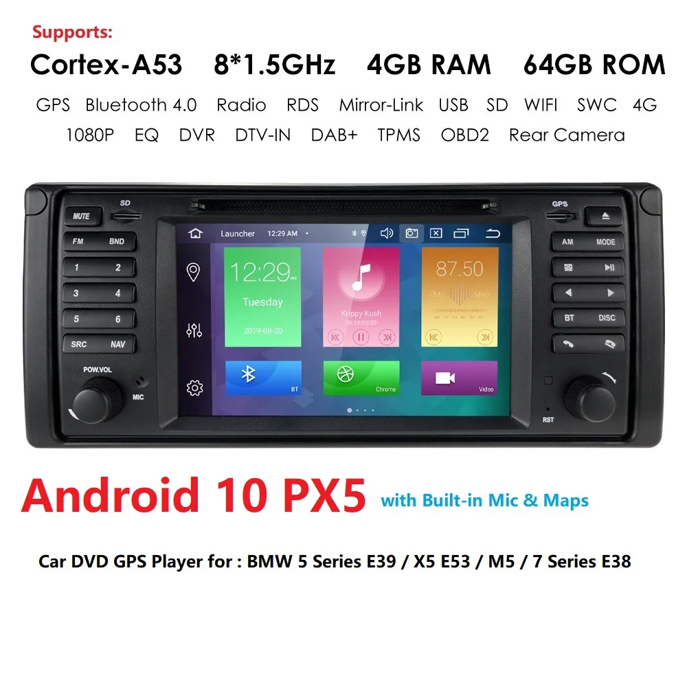 7 Palčni IPS 4G+64 G 1 Din Android 10 Avto Večpredstavnostna Radio, GPS za BMW E39 E53 X5 2002-2007 Wifi 4G Bluetooth Stereo DVR RDS USB