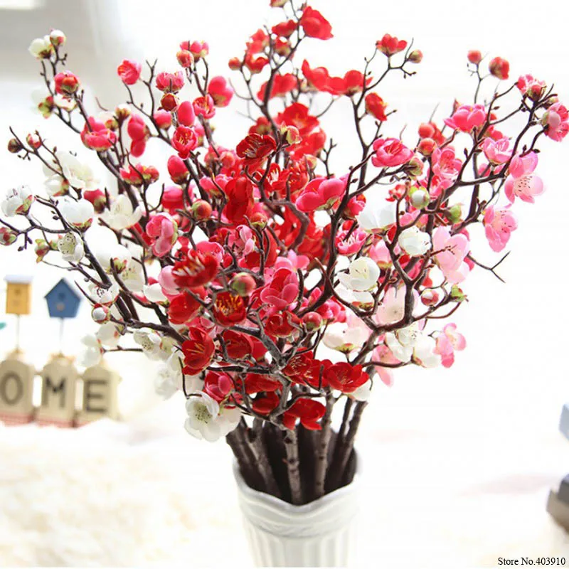 7PCS/veliko Slive Češnje cvetovi Svile Umetno cvetje plastične puše Sakura drevo podružnica Doma namizni Dekor Poročno Dekoracijo Venec