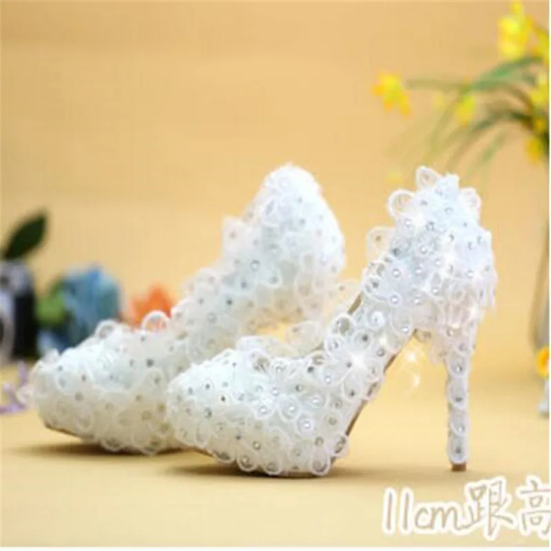 8 cm/11 cm/14 cm Ženske Modni Poročni čevlji Čipke beli kristalni Poročni Copati za poročno Družico Obleko čevlji