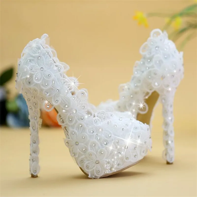 8 cm/11 cm/14 cm Ženske Modni Poročni čevlji Čipke beli kristalni Poročni Copati za poročno Družico Obleko čevlji