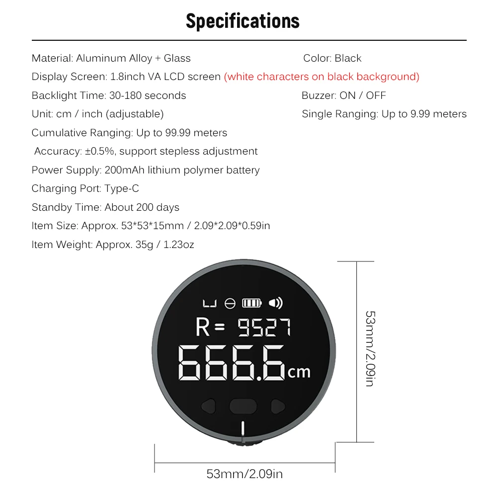 8 in1 Elektronski Vladar LCD-Zaslon Range Finder 99m Visoka Natančnost Ročni Dolžina Merjenje Orodje Dolgo Pripravljenosti za ponovno Polnjenje Vladar
